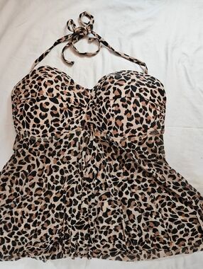 Kona Sol Womens Brown Leopard Halter Tie At Neck Molded Cup Tankini Top Size L